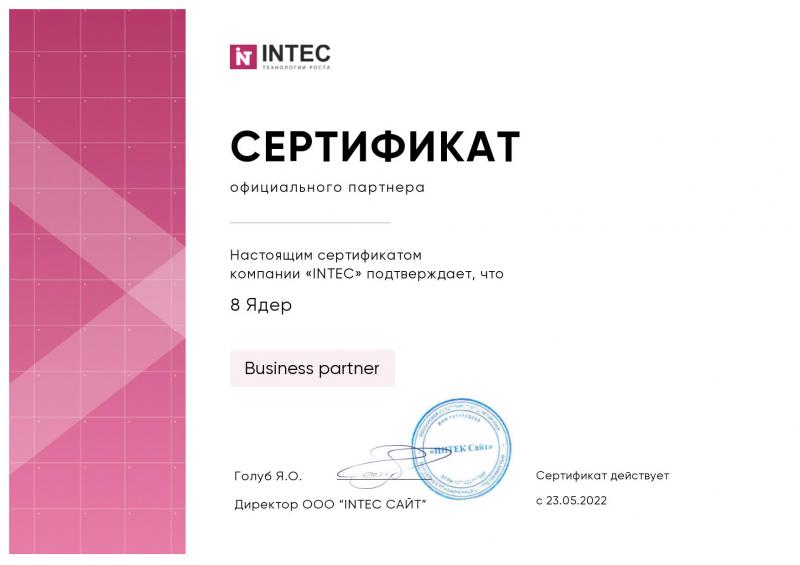 Сертификат партнёра «Intec»